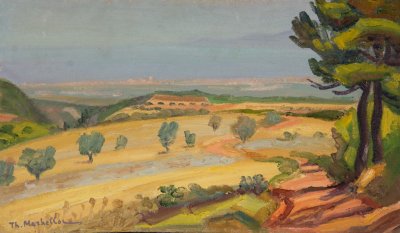 Landscape, View from Kiaton, Sea in Background — Oil painting, Fiberboard, 27.00×46.00cm — Theodoros Markellos